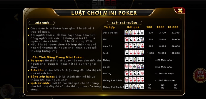 Cách chơi Mini Poker chuẩn nhất tại Sin88 vip