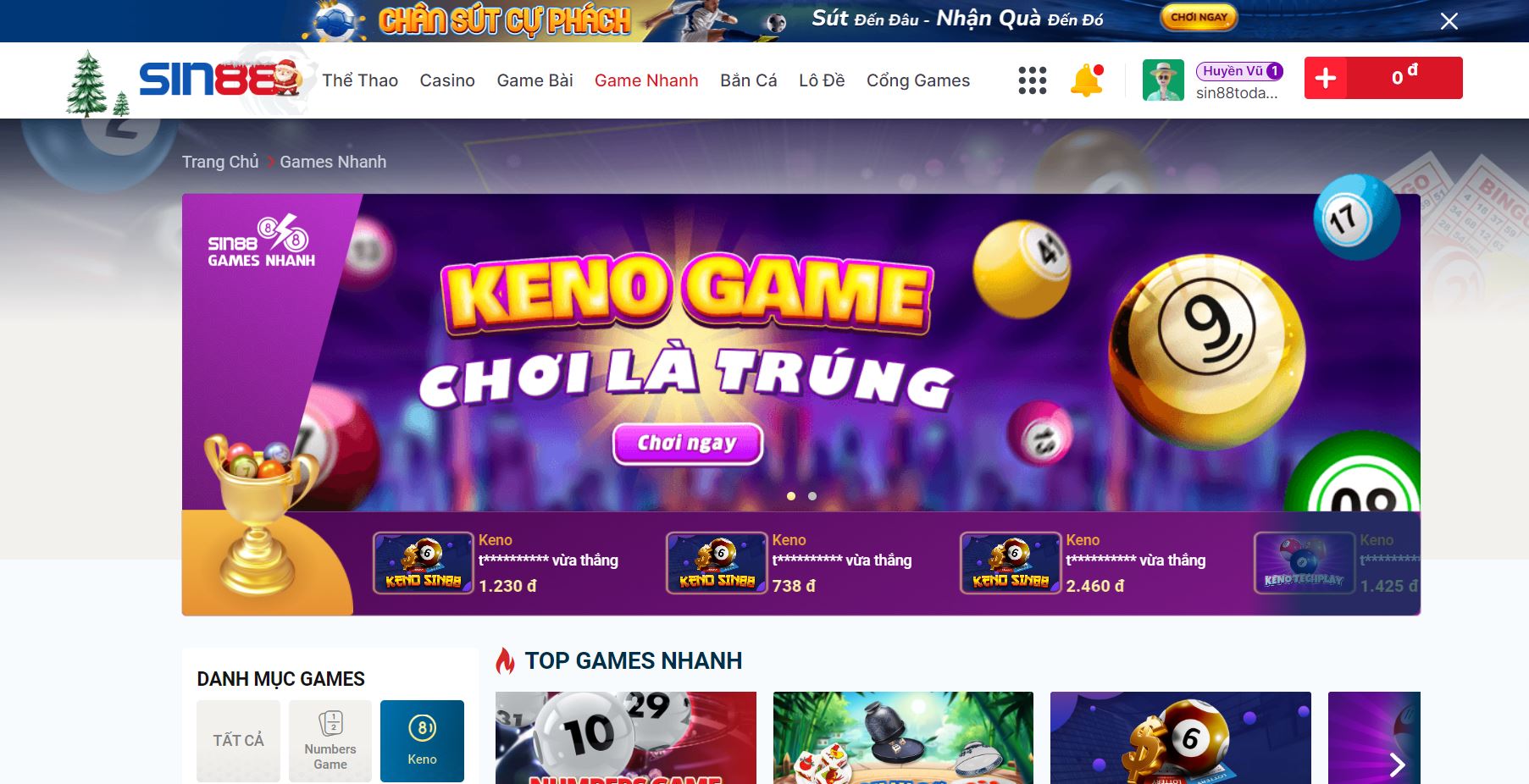 Chơi Keno Sin88 vip thắng tiền thưởng lớn