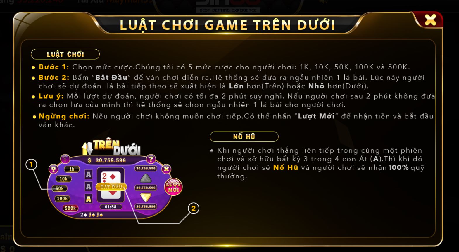 Luật chơi Trên dưới dễ hiểu tại Sin88 club
